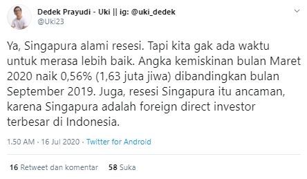 Cuitan Dedek Uki soal resesi di Singapura (Twitter).