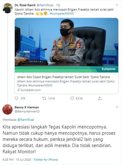 Benny K Harman desak Kapolri periksa jenderal lain soal surat sakti Djoko Tjandra (Twitter)