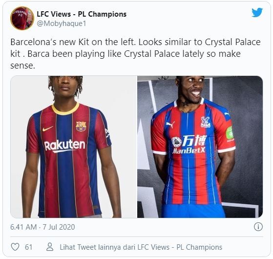 Jersey kandang baru Barcelona disebut mirip jersey Crystal Palace.