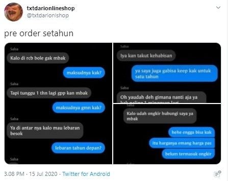 Takut kehabisan, pesan barang Rp 40 ribu minta PO setahun (Twitter/txtdarionlshop)