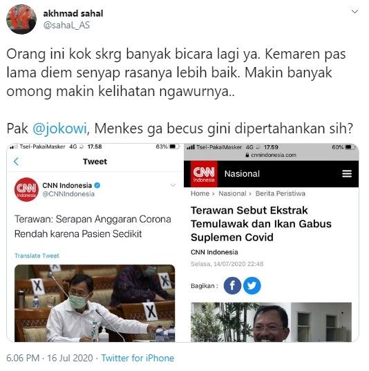 Gus Sahal protes ke Jokowi soal Menkes Terawan (Twitter/sahal_as)