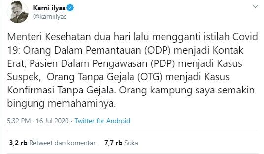 Orang kampung Karni Ilyas bingung arti istilah Covid-19 yang baru (Twitter/karniilyas)