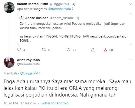 Cuitan Arief Poyuono (Twitter/@bumnbersatu).