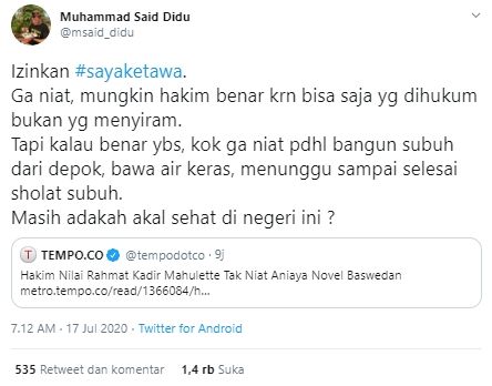 Said Didu sindir hakim kasus Novel Baswedan (Twitter).