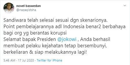 Novel Baswedan singgung Jokowi soal sidang putusan penyiraman air keras (Twitter/nazaqistsha)