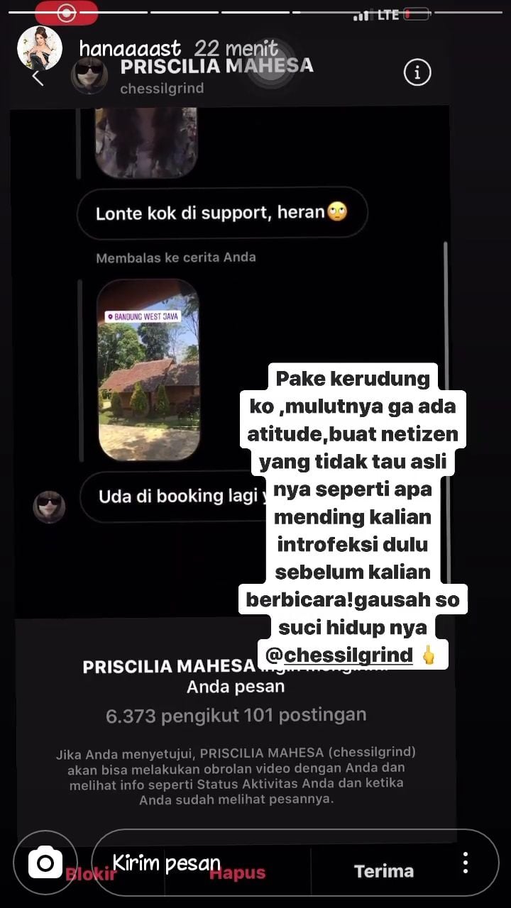 Hana Hanifah membalas hujatan haters di Instagram. [Instagram]