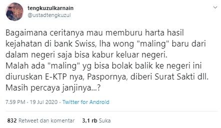 Tengku Zul sindir kasus Djoko Tjandra (Twitter).