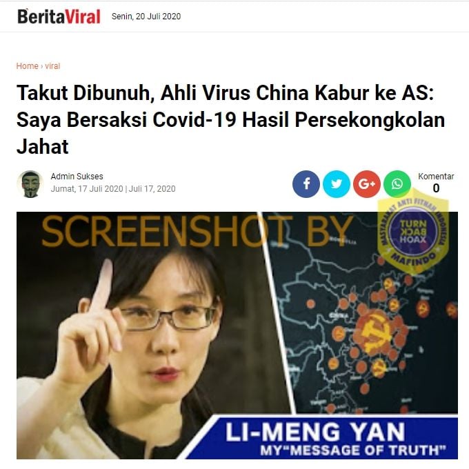 Berita pakar virus dari Cina klaim Covid-19 hasil persekongkolan Jahat (Turnbackhoax.id).