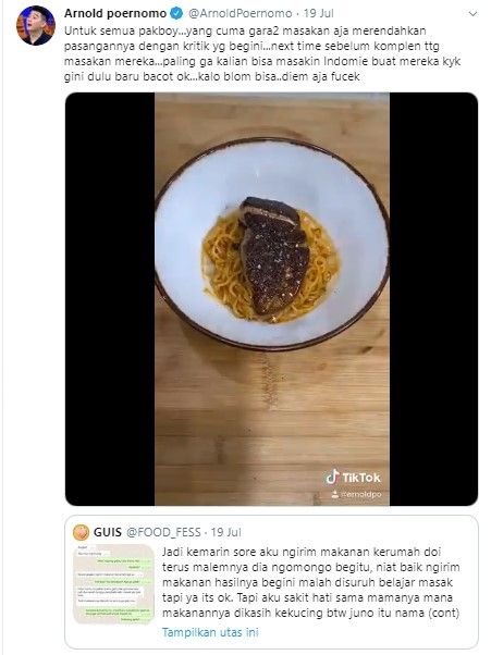 Curhat warganet tak bisa masakdihina pacar  bikin Chef Arnold geram (Twitter)