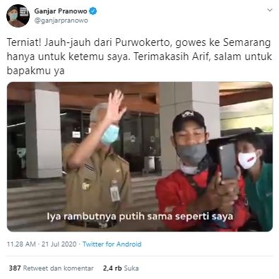 Pelajar SMK nekat gowes Purwokerto-Semarang demi ketemu Ganjar (Twitter/@ganjarpranowo).