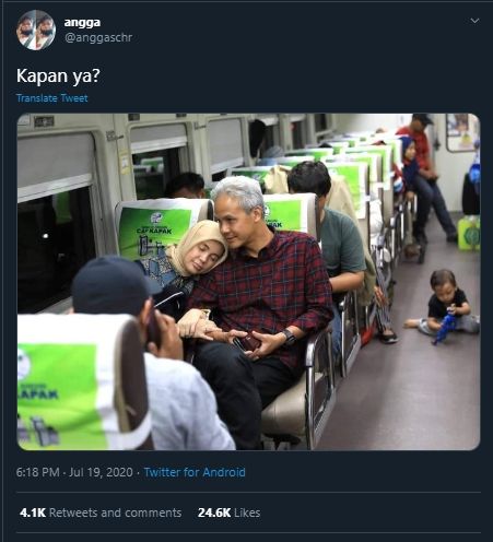Senderan di Kereta Mesranya Potret Ganjar Pranowo dan Istri Bikin Baper. (Twitter/@anggaschr)