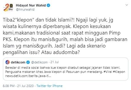 tanggapan Hidayat Nur Wahid soal klepon jajanan tak islami (Twitter/hnurwahid)