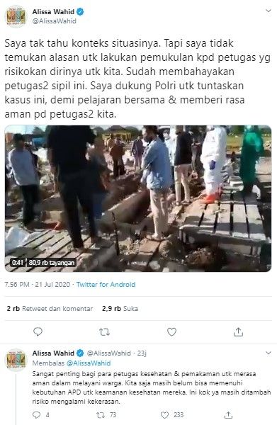 Alissa Wahid kecam warga aniaya petugas Covid-19 di pemakaman (Twitter/alissawahid)