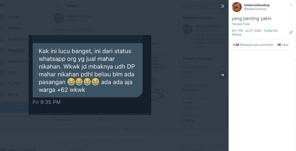 Belum Punya Calon, Pembeli Ini Sudah DP Mahar (twitter.com/txtdarionlshop)