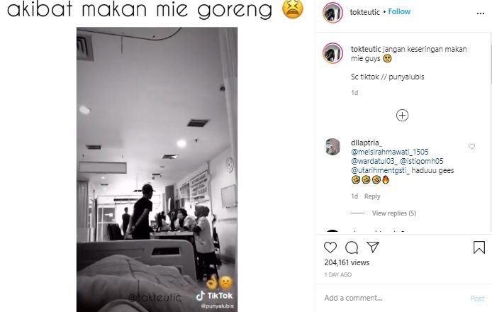 Duh, Orang Ini Buat Video TikTok di Rumah Sakit Usai Sering Makan Mi Goreng. (Instagram/@tokteutic)