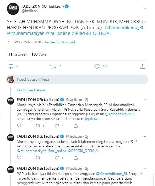 Fadli Zon desak POP Kemendikbud dihentikan (Twitter/fadlizon)