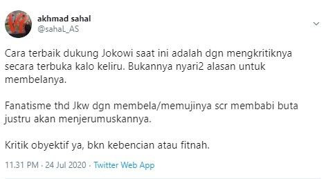 Gus Sahal ingatkan masyarakat dukung Jokowi dengan kritik jika keliru (Twitter/sahal_as)