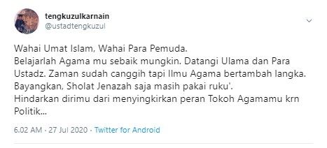 Tengku Zul komentari petugas Covid-19 salat jenazah pakai ruku (Twitter/ustadtengkuzul)