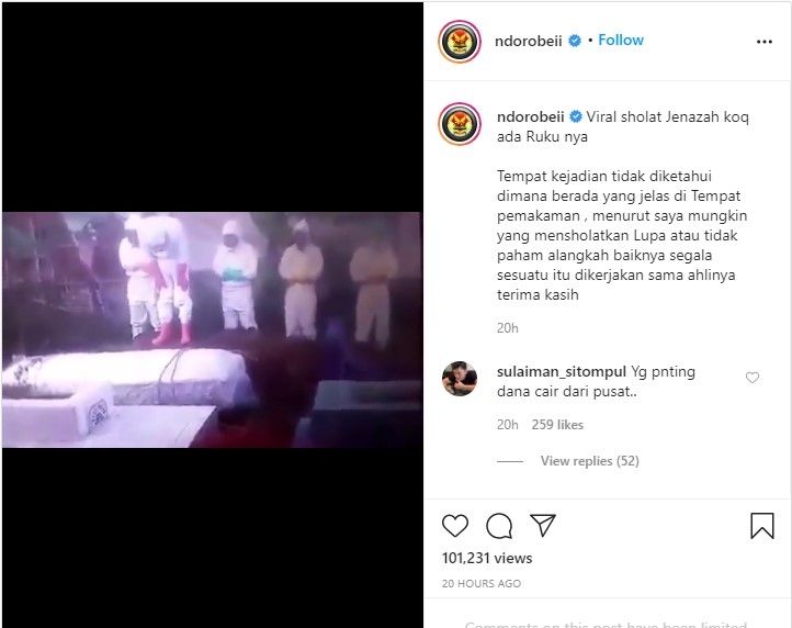 Petugas Covid-19 salat jenazah pakai ruku (Instagram/ndorobeii)