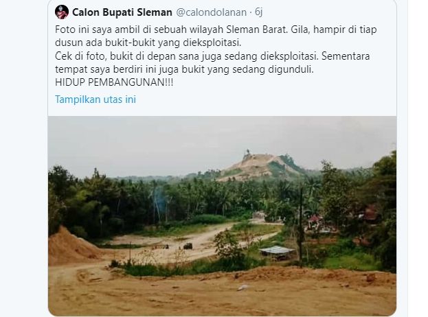 Warganet mengunggah penampakn bukit di Sleman yang dinilai dieksploitasi