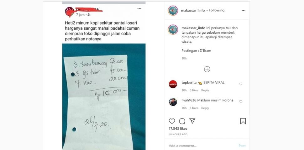 Warganet merasa ditipu makan di warung di pantai Losari (Instagram/makassar_iinfo)