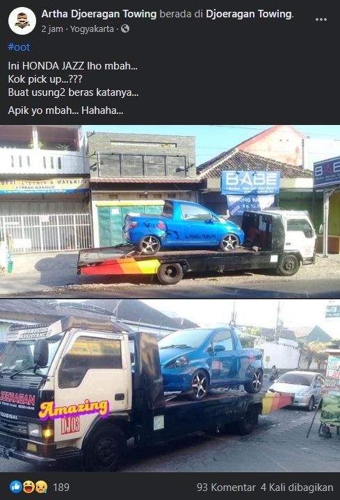 Honda Jazz disulap menjadi pickup. (Facebook/Artha Djoeragan Towing)