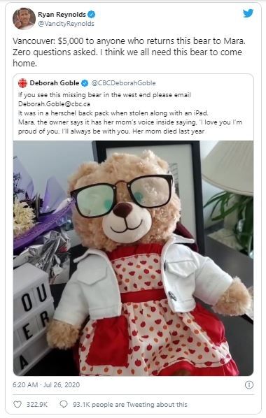 Boneka beruang yang hilang dan viral. (Twitter/@VancityReynolds)