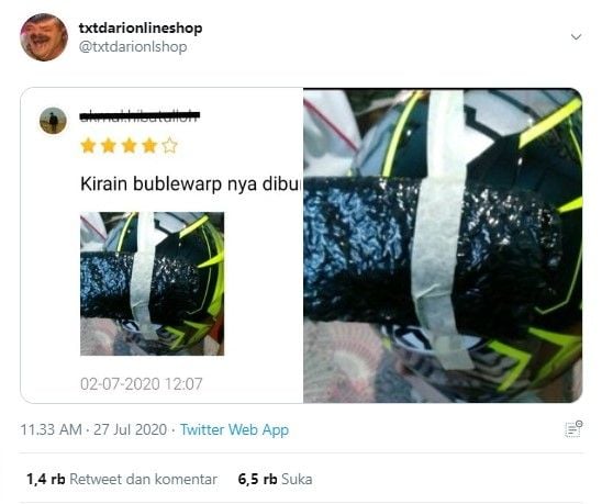 Penampakan pemasangan bubble wrap antimainstream (Twitter/txtdarionlshop)