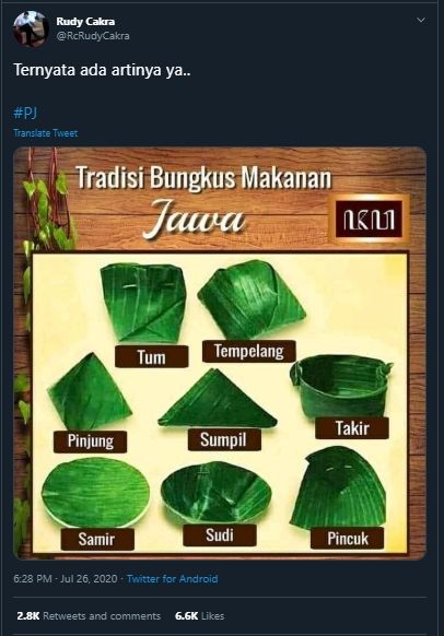 Ternyata Ada 8 Jenis Tradisi Bungkus Makanan dari Daun Pisang di Jawa. (Twitter.RcRudyCakra)
