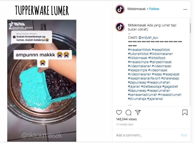 Niat Masak Brownies Pakai Tupperware Ending Video Ini Malah Bikin Jejeritan. (Instagram/@tiktokmasak