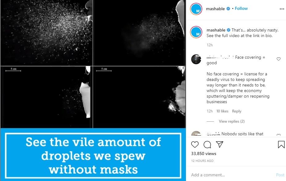 Dari kiri atas: tanpa masker, masker lapis 1, lapis 3, masker bedah (nstagram.com/mashable/)