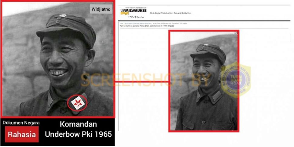 Penjelasan Cek Fakta, foto asli merupakan Jendral Wang Zhen, bukanlah Widjiatno, ayah Jokowi (Turnbackhoax.id)