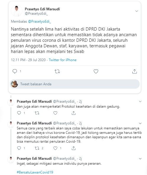 Seluruh anggota DPRD DKI dan staf akan dites swab (Twitter/prasetyoedi_)