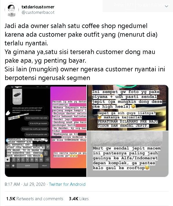 Curhat pemilik kafe yang pengunjungnya pakai piyama - (Twitter/@customerbacot)
