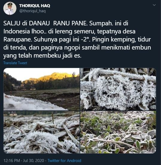 Viral, Bupati Lumajang Unggah Kondisi Danau Ranau Pani Dipenuhi Salju. (Twitter/@thoriqul_haq)