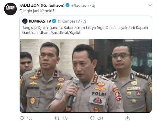 Fadli Zon sindir Kabareskrim Listyo yang diusulkan jadi Kapolri (Twitter/fadlizon)