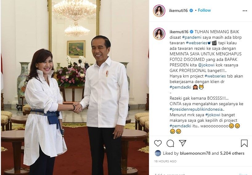 Ike Muti ditolak proyek Pemprov DKI karena foto dengan Jokowi (Instagram/ikemuti16)