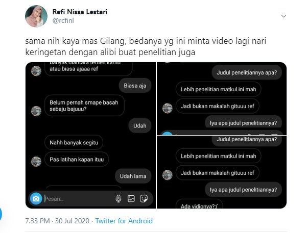 Mirip kasus fetish kain jarik, pelaku minta video penari berkeringat (Twitter/rcfinl)