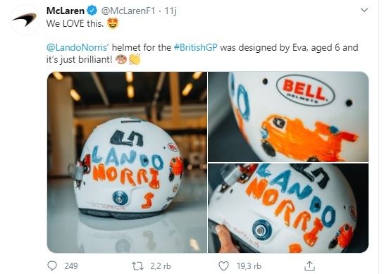 Helm yang akan dipakai Lando Norris kreasi fans cilik Eva yang berusia 6 tahun. (Screenshot Twitter @McLarenF1)