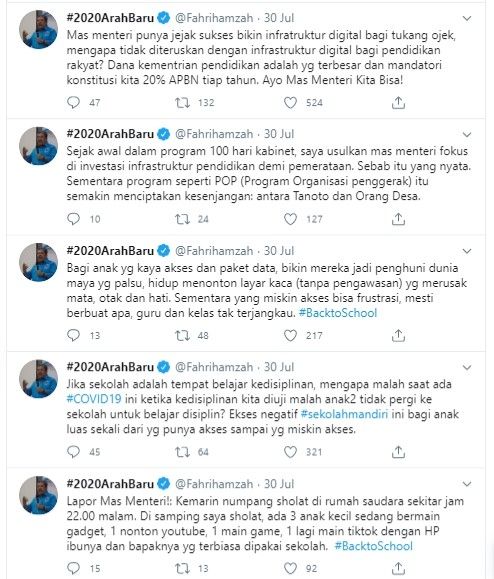 Fahri Hamzah kritik sekolah online (Twitter/fahrihamzah)