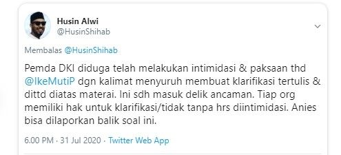 Anies disebut bisa dilaporkan balik soal somasi ike Muti (Twitter/husin shihab)