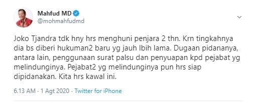 Mahfud MD perintahkan pejabat pelindung Djoko Tjandra dipidanakan (Twitter/mohmahfudmd)