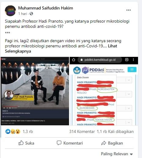 Hadi Pranoto pakar Mikrobiologi tidak ditemukan dalam database dosen (Facebook)