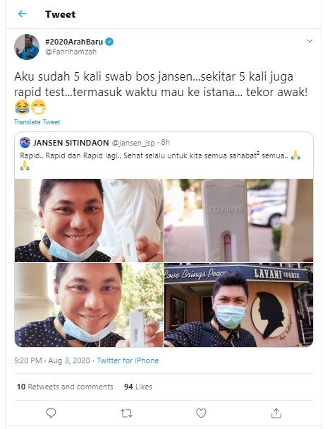 Fahri Hamzah Sudah Swab Test dan Rapid Test 5 Kali (Twitter)