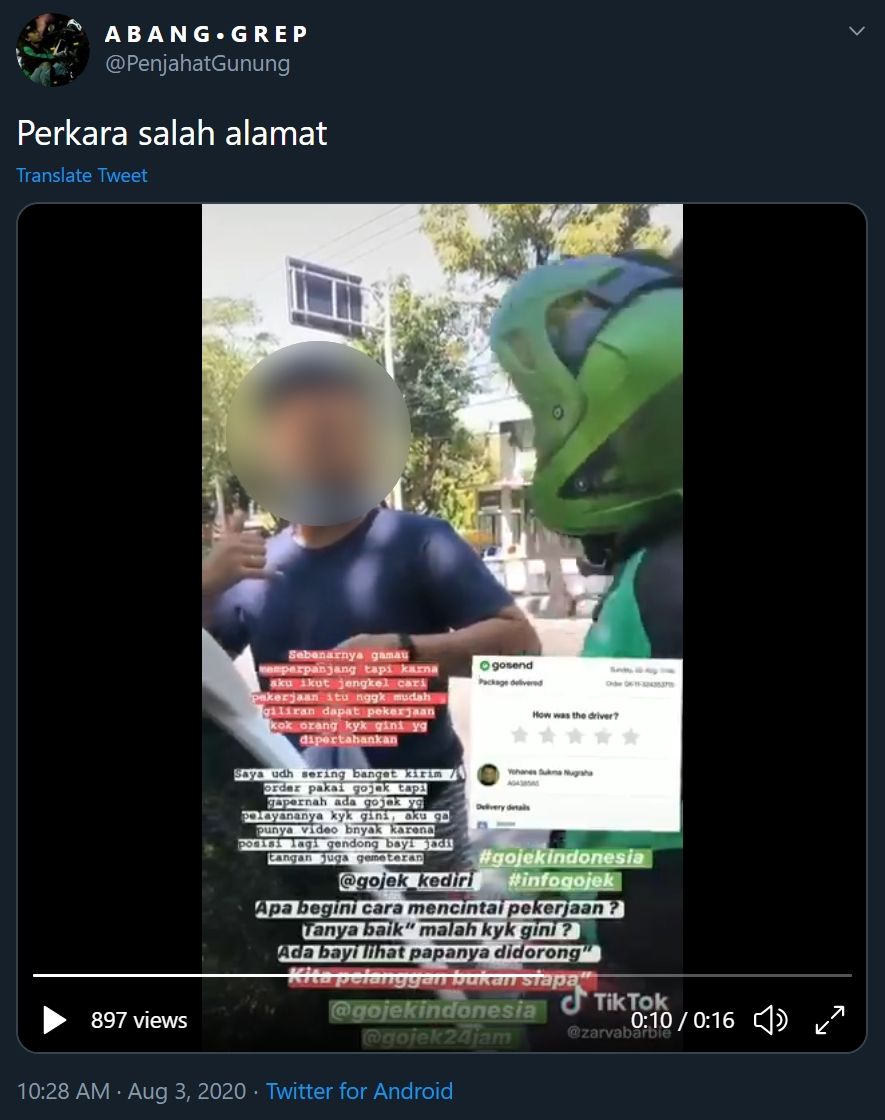 Viral ojol mengamuk ke pelanggan. (Twitter/@PenjahatGunung)