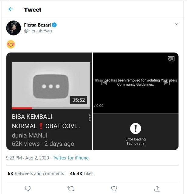 Fiersa Besari mengunggah foto bahwa video Anji di YouTube telah di-banned. [Twitter]