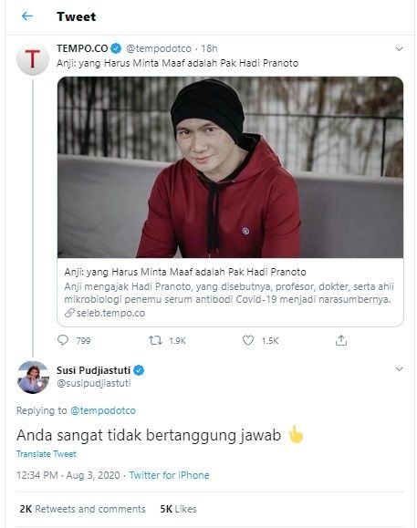 Susi Pudjiastuti Anggap Anji Tidak Bertanggung Jawab (Twitter)