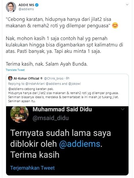 Disebut Cebong Karatan Karena Blokir Akun Said Didu, Ini Reaksi Addie MS (Twitter @addiems)