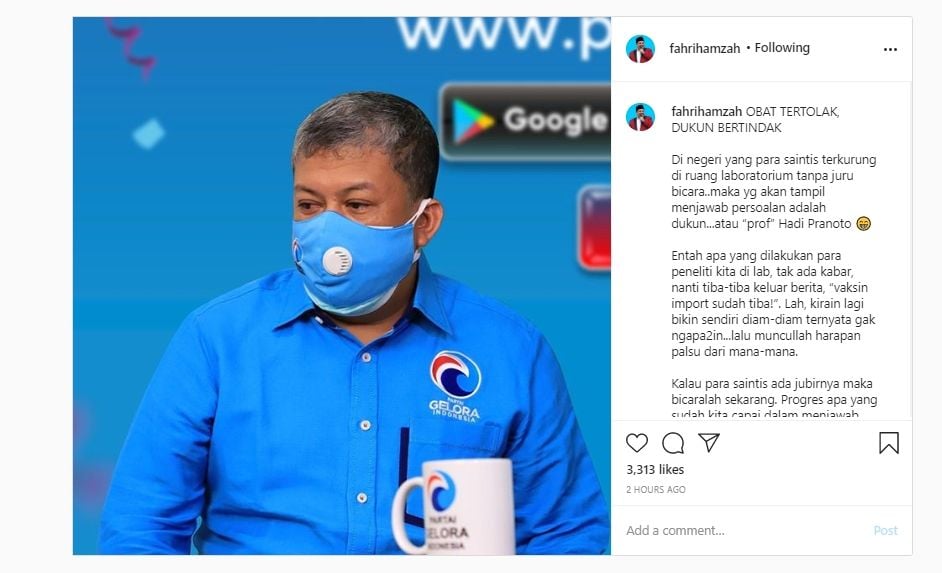 Fahri Hamzah menyebut ilmuwan Indonesia tidak punya juru bicara untuk memaparkan progres penelitian. (Instagram/Fahri Hamzah)