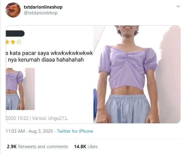 Belanja Online Dikirim ke Rumah Pacar (twitter.com/txtdarionlshop)